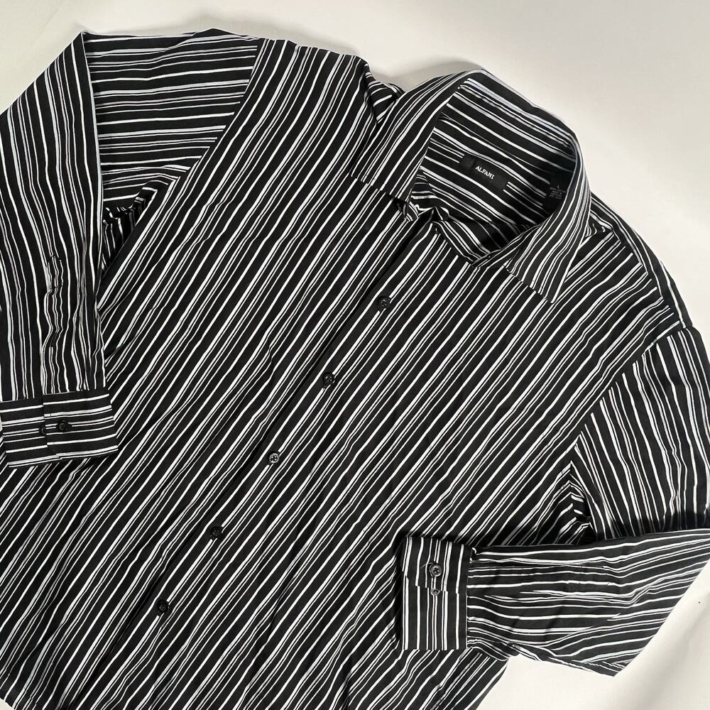 Alfani‎ Striped Collared Button-Front Long Sleeve 100% Cotton Black/White L - Picture 2 of 8